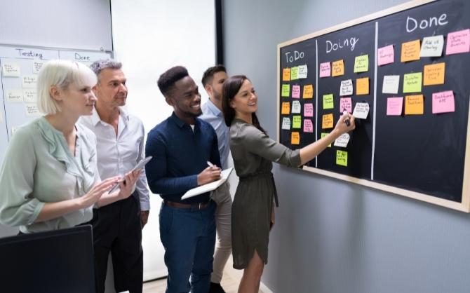 A team in front of a kanban borad