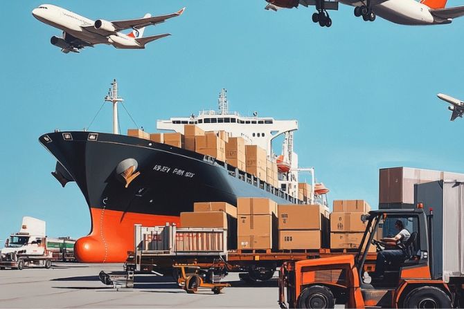 Busy shipping port scene featuring a large cargo ship loaded with boxes, trucks transporting goods, and airplanes in the sky, illustrating the global logistics and transloading services