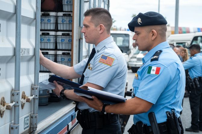 Customs officials inspecting shipments under the U.S.–Mexico Joint Inspection Program