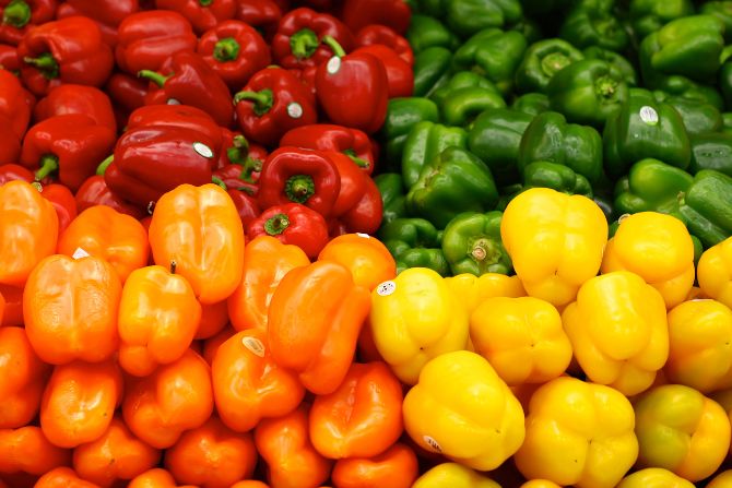 Colorful bell peppers—red, orange, yellow, and green—part of the top perishable foods list exported from Mexico to the U.S.