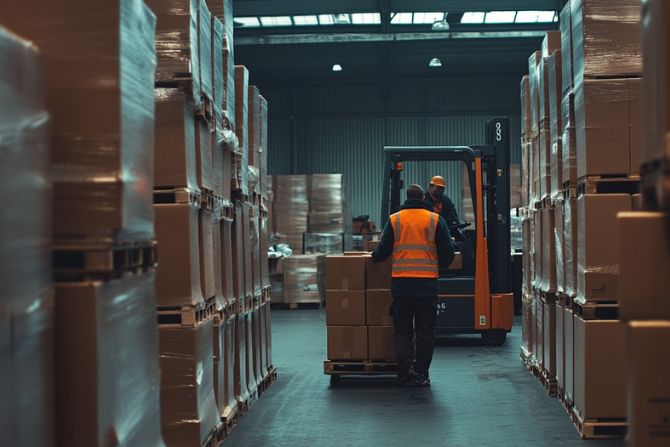 Cross-border warehouse with workers transferring cargo from one truck to another.