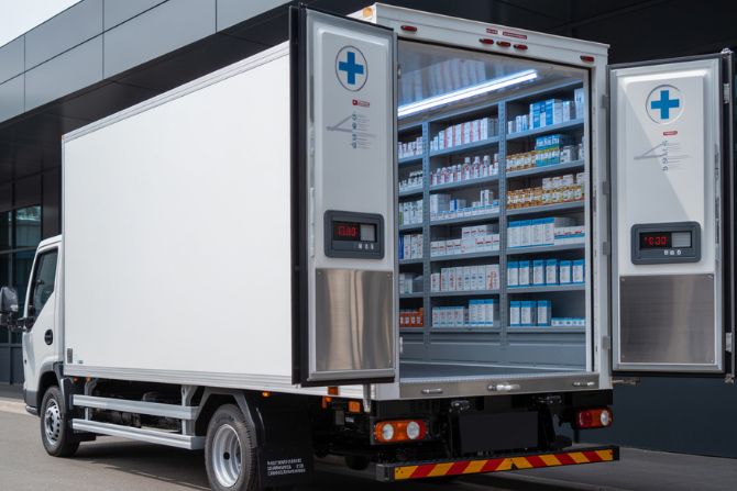 Camión refrigerado para transporte farmacéutico con estanterías de medicamentos y control de temperatura.
