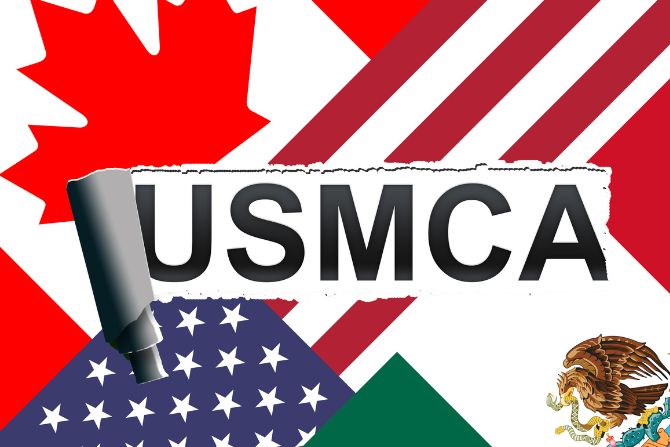 USMCA logo overlaid on the flags of the United States, Mexico, and Canada—trade agreement impacting the perishable foods list