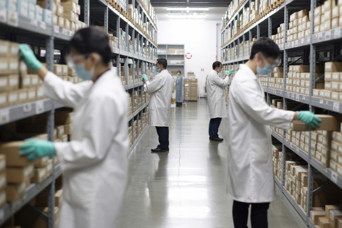 Personal de almacén manipulando cajas en un centro de distribución farmacéutico con control y buenas prácticas.