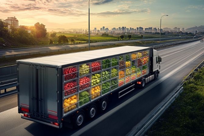 Refrigerated truck transporting fresh produce, highlighting temperature-controlled freight forwarding solutions.