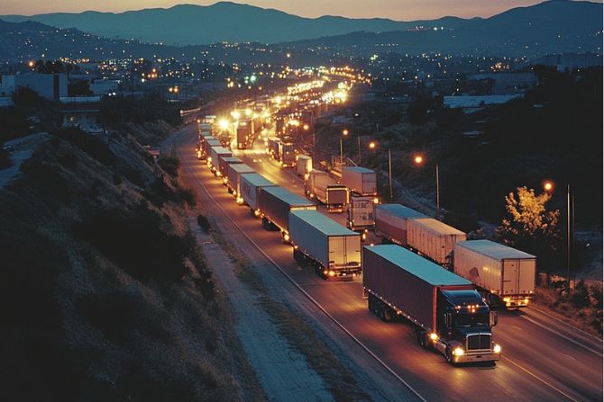 Nighttime view of a busy highway filled with illuminated trucks, showcasing the importance of cross-border logistics and transportation in the U.S.-Mexico trade partnership.