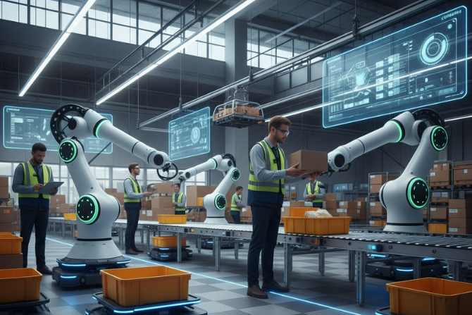 Warehouse robots and cobots supporting human workers in logistics
