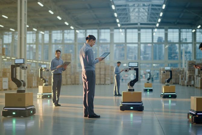 Robots and warehouse workers collaborating in a modern logistics center
