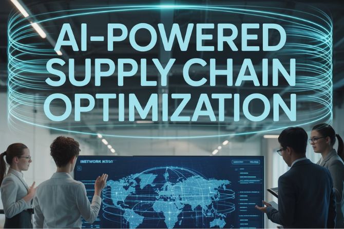 Business professionals using AI-powered tools to optimize global supply chain logistics in a modern office setting