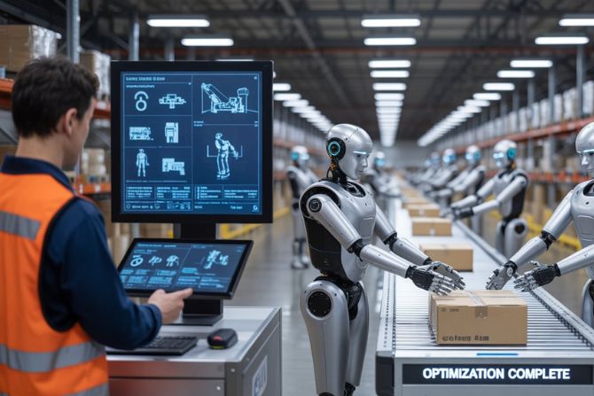 Humanoid robots working alongside a technician in a high-tech warehouse, automating repetitive packaging tasks.