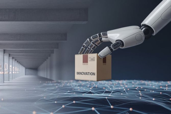 Robotic arm holding a box labeled 'INNOVATION' in a futuristic warehouse corridor with icons for Wi-Fi, cloud, and data connectivity.