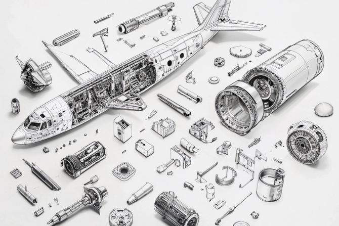 Disección detallada de un avión con todos sus componentes desmontados, ilustrando la complejidad de las piezas que maneja el Transporte Terrestre para la Industria Aeroespacial.