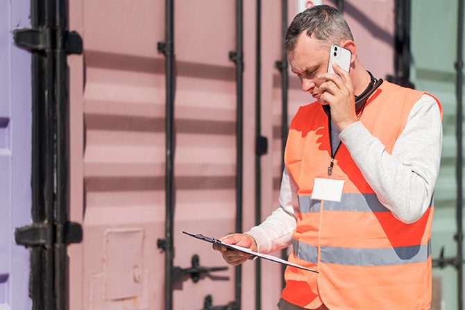 Man talking on the phone in customs with containers in the background.