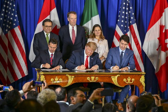 The leaders of the United States, Mexico, and Canada sign the USMCA on November 30, 2018, at the G20 summit in Buenos Aires, Argentina.
